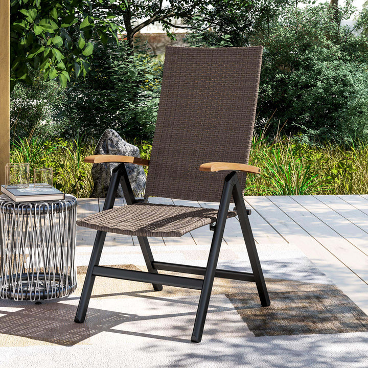 Folding Rattan Garden Dining Chair with 5-level Reclining High Back, Wood Armrests for Outdoor, Patio - Brown