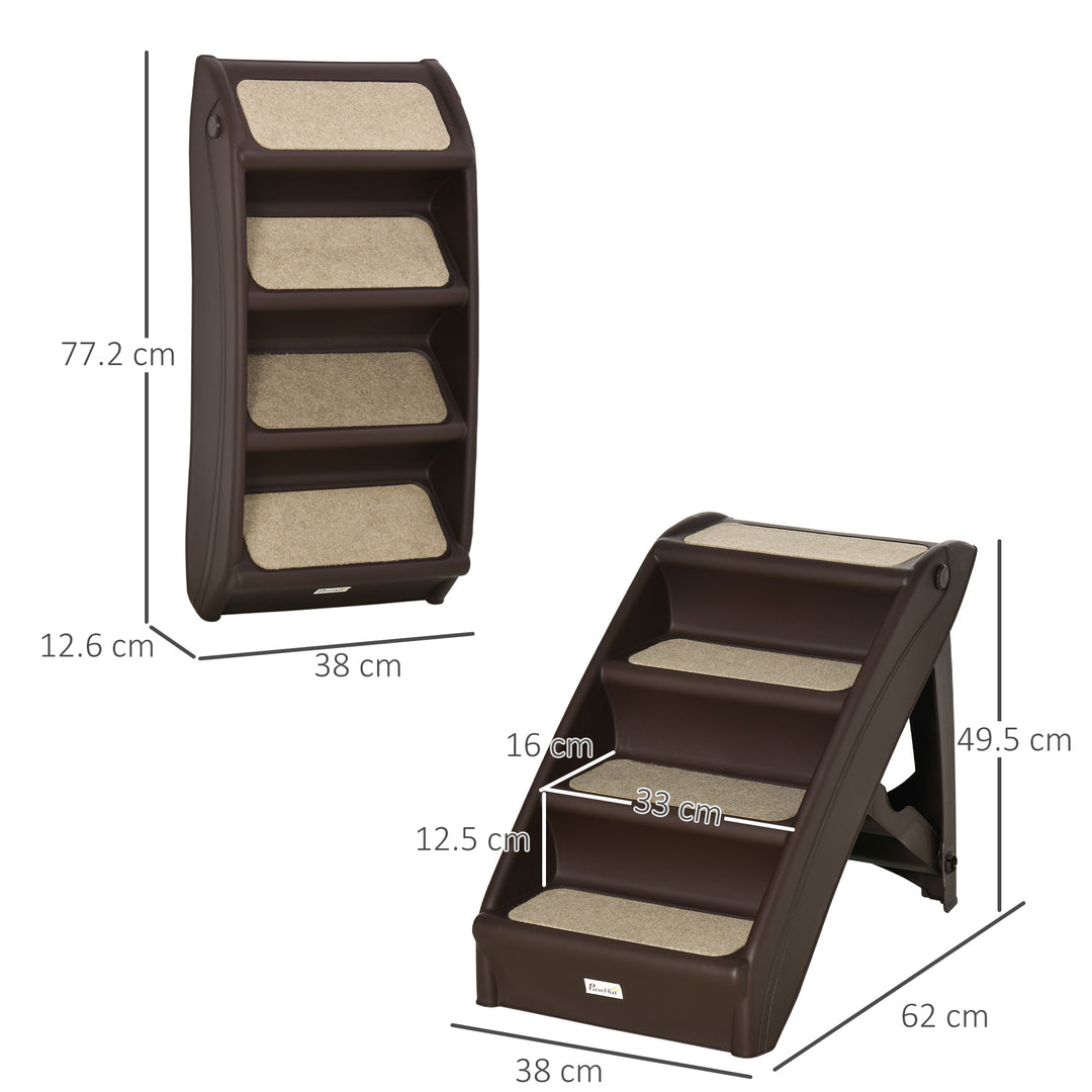 Foldable Four-Step Pet Stairs, for Cats, Small Miniature Dogs, with Non-Slip Mats 62 x 38 x 49.5cm - Brown