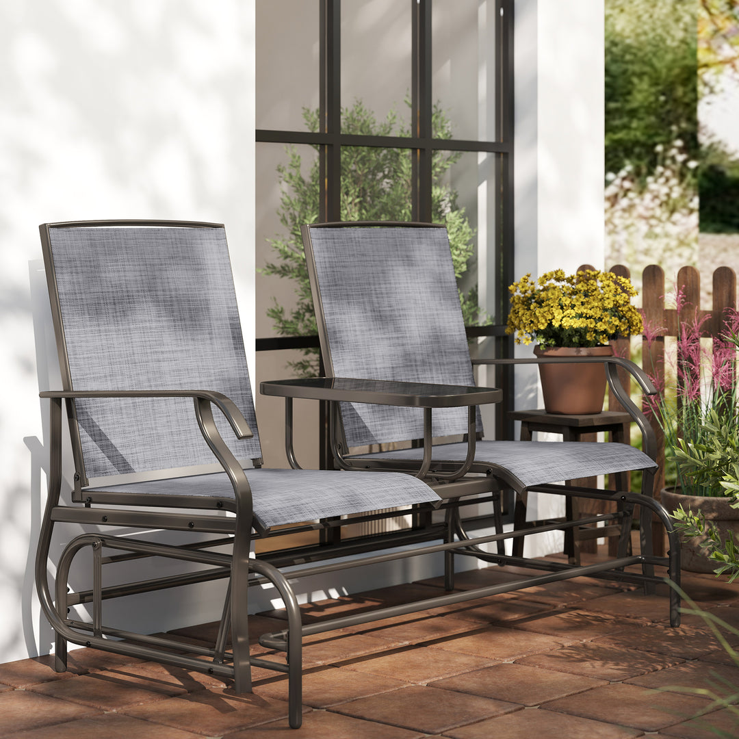 MCL 2 Seats Garden Glider Bench, Metal Frame Loveseat with Glass Top  Centre Table, Porch Rocking Glider for 2 Person, for Deck, Patio, Brown/ Grey