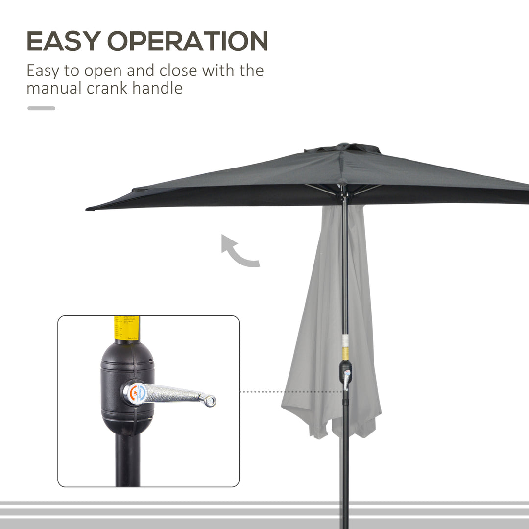 3(m) Half Parasol, Semi Round Umbrella with Metal Frame, Crank Handle for Balcony, Garden, Black