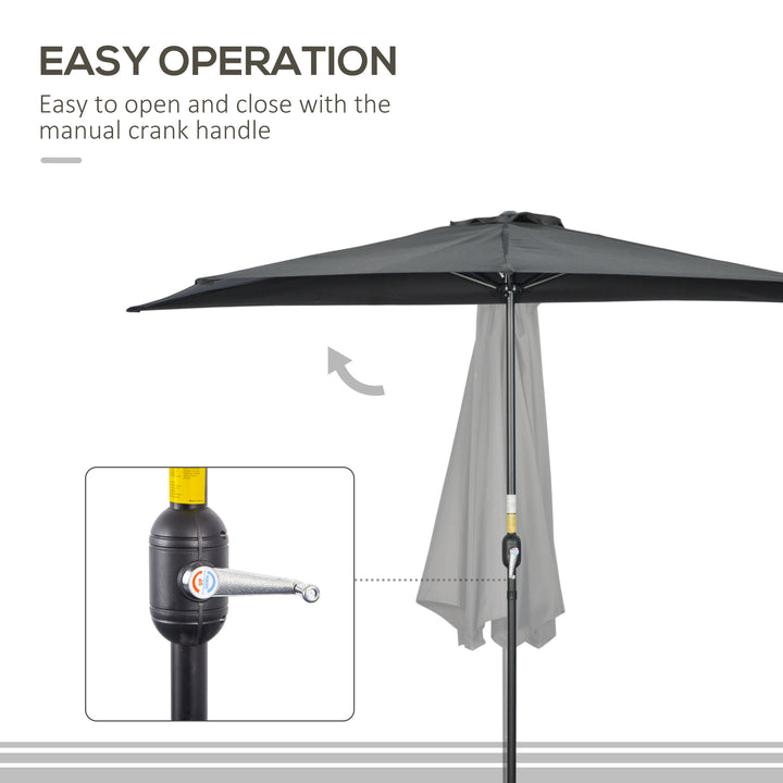 3(m) Half Parasol, Semi Round Umbrella with Metal Frame, Crank Handle for Balcony, Garden, Black