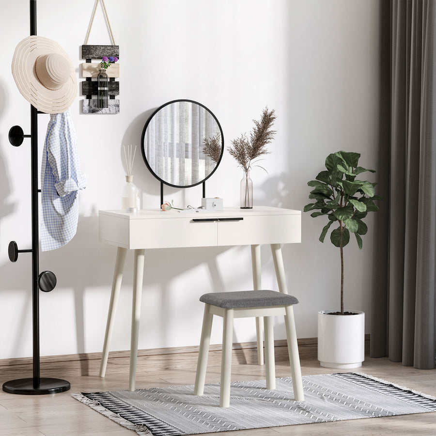 Dressing Table with Mirror and Stool, Vanity Makeup Desk Set with 2 Drawers, Cushioned Stool and Make-up Organiser for Bedroom and Dressing Room, 80 x 40 x 123 cm, White