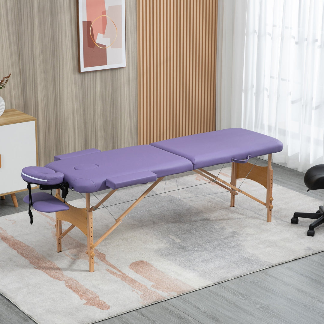 Portable Massage Bed, Folding Spa Beauty Massage Table with 2 Sections, Carry Bag and Wooden Frame