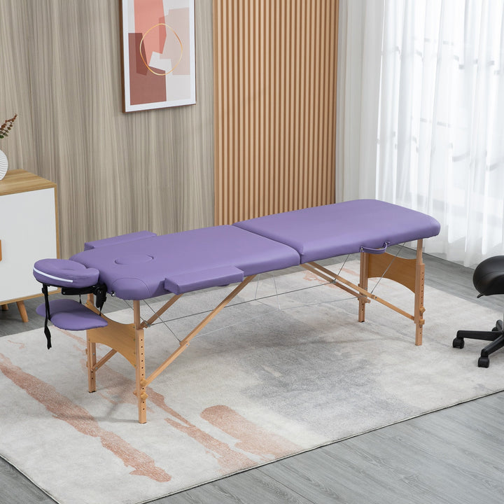 Portable Massage Bed, Folding Spa Beauty Massage Table with 2 Sections, Carry Bag and Wooden Frame
