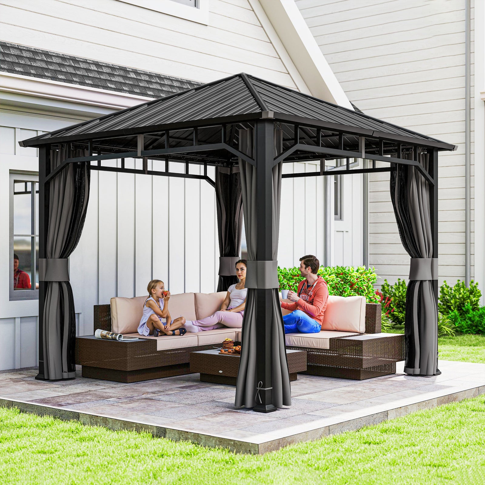 3 x 3(m) Hardtop Gazebo with Galvanised Steel Roof and Water Gutter, Waterproof Permanent Pavilion Garden Gazebo with Netting and Curtains for Patio, Deck