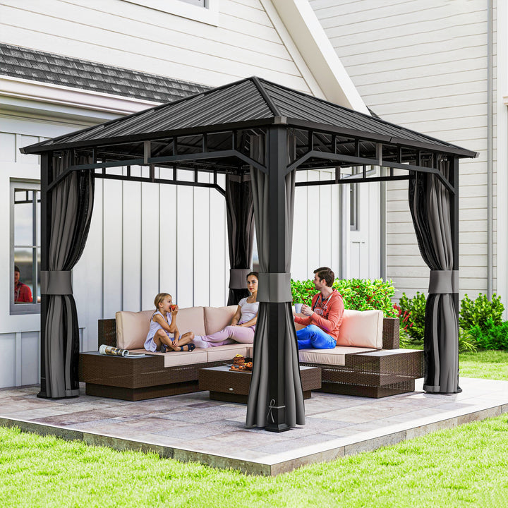 3 x 3(m) Hardtop Gazebo with Galvanised Steel Roof and Water Gutter, Waterproof Permanent Pavilion Garden Gazebo with Netting and Curtains for Patio, Deck
