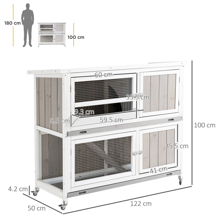 PawHut Wooden Rabbit Hutch Two-Tier Guinea Pig Cage Elevated Multi-Door Pet House Bunny Cage w/ Rain Cover, Wheels, Slide-Out Tray, Grey | Aosom UK