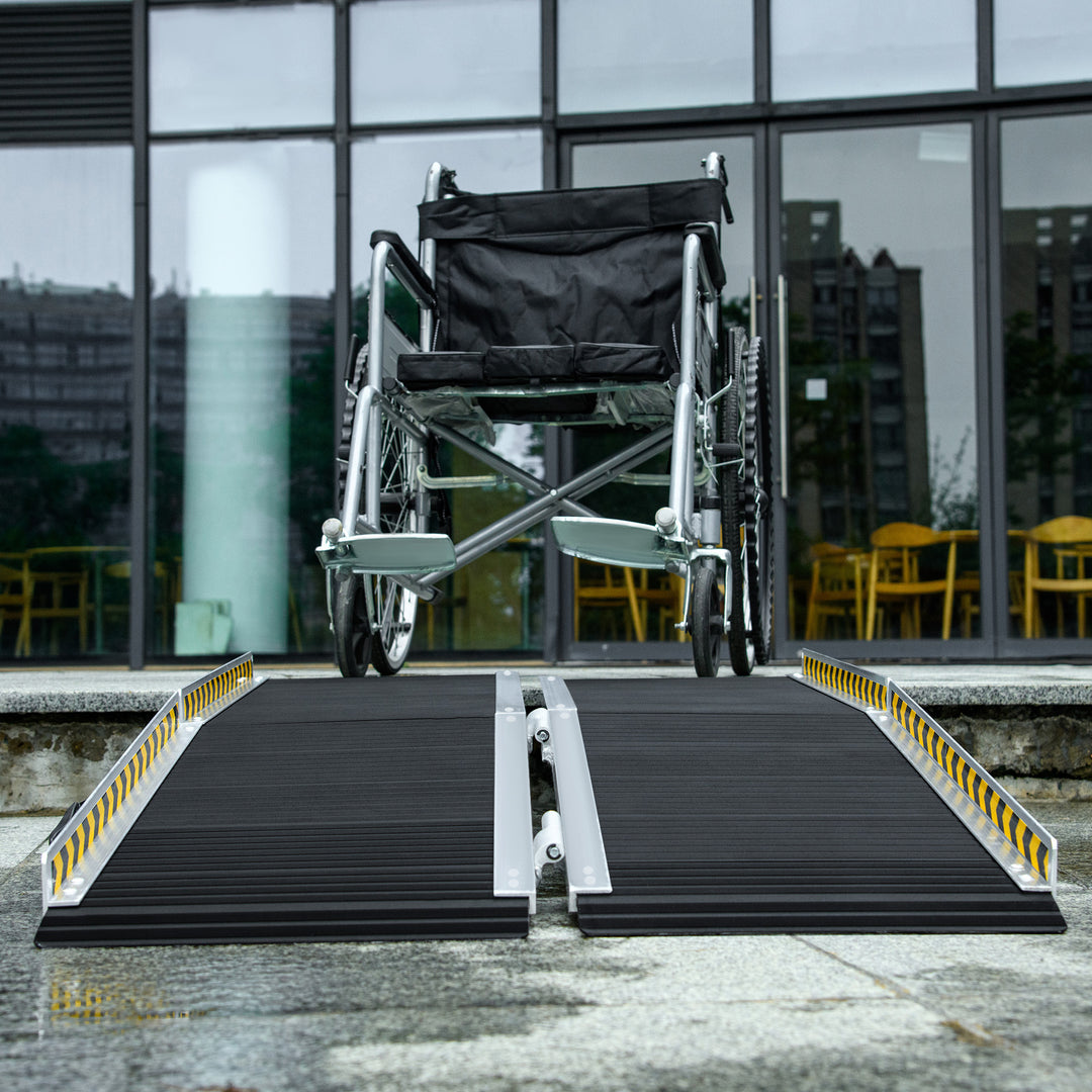 Wheelchair Ramp, 152L x 73Wcm, 272KG Capacity, Folding Aluminium Threshold Ramp with Non-Skid Surface, Transition Plates Above and Below for Home, Steps, Stairs, Curbs, Doorways