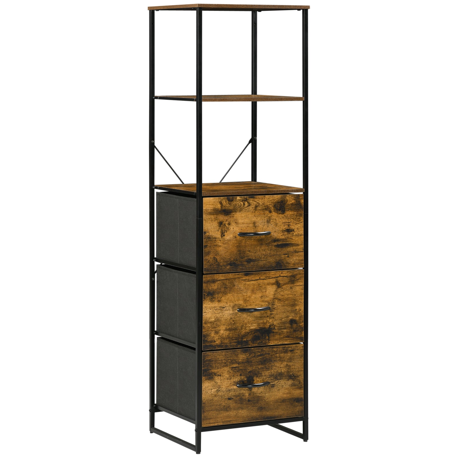 Industrial Storage Cabinet with 2 Open Shelves and 3 Foldable Fabric Drawers, Multifunctional Bookshelf in Living Room, Study, Bedroom, Rustic Brown