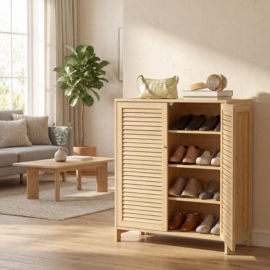 Bamboo Shoe Cabinet with Louvered Doors, 14 Pairs Shoe Storage Cabinet