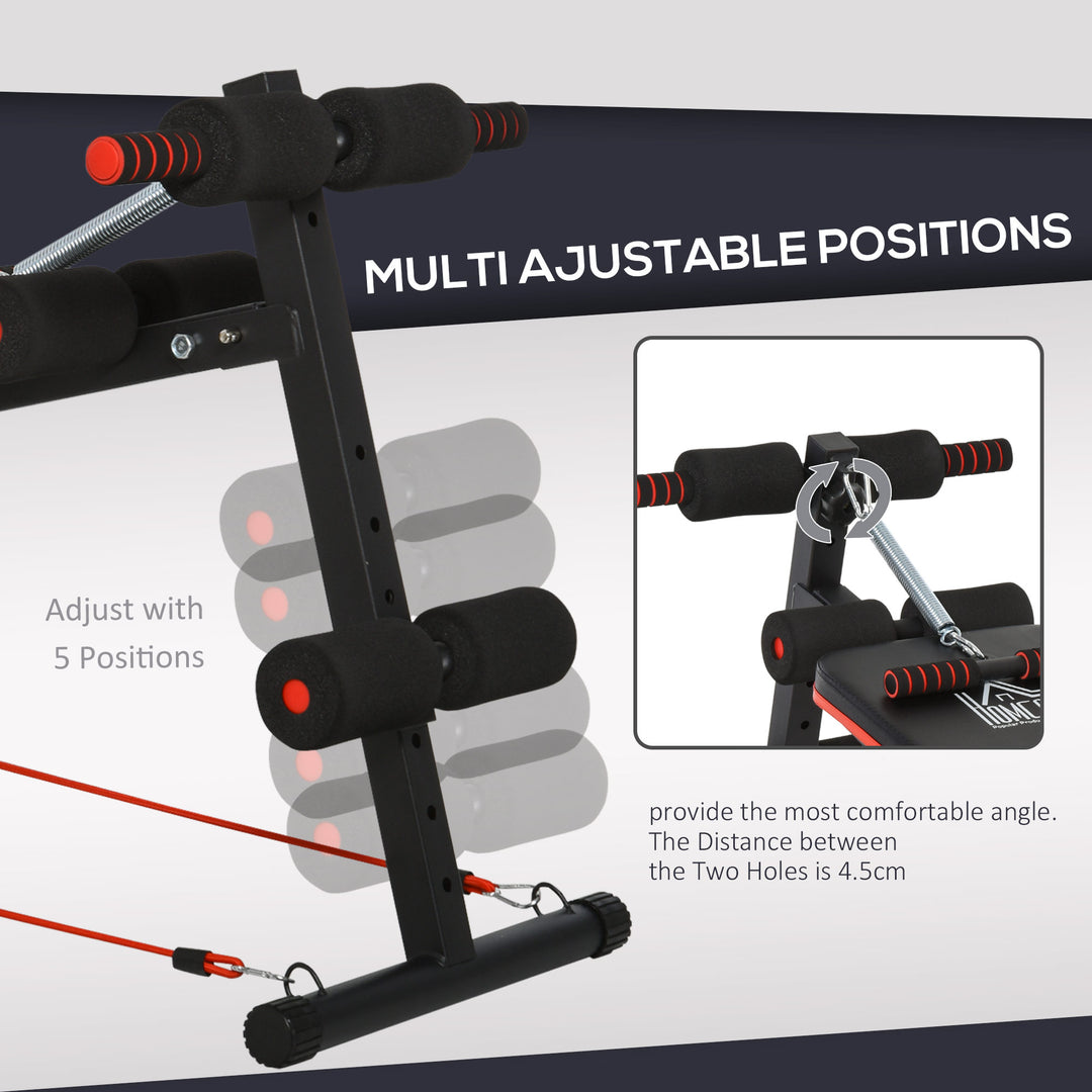 Sit Up Bench Core Workout Adjustable Thigh Support Foldable for Home Gym w/ Arm Pulling Rope Black