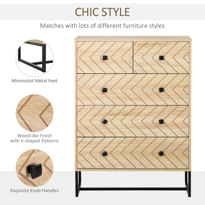 5 Drawer Chest Sideboard Cabinet Storage Unit Bedroom Home Unique Zigzag Design w/ Black Metal Handles Anti Tip & Top