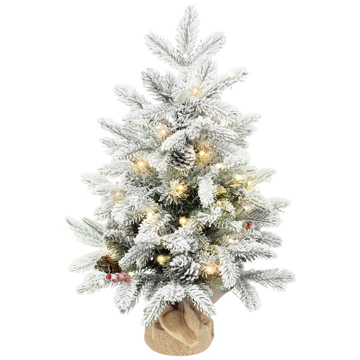 MCL 60 cm Prelit Small Christmas Tree with 35 LED Lights, Snow Flocked Tabletop Mini Xmas Tree with Pine Cones, Berry Clusters and Linen Cover Base, Battery Operated, Green