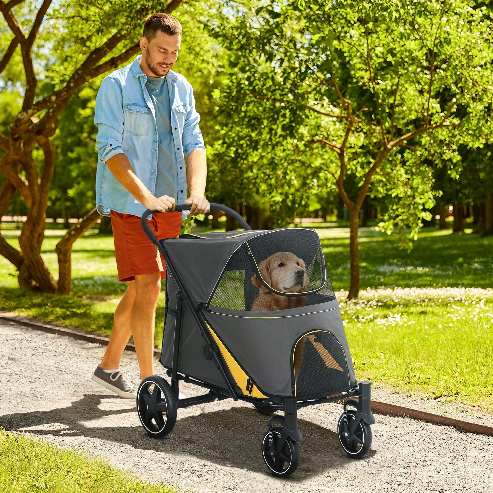 Foldable Pet Stroller, with Universal Wheels, Shock Absorber, for Medium and Large Dogs - Grey