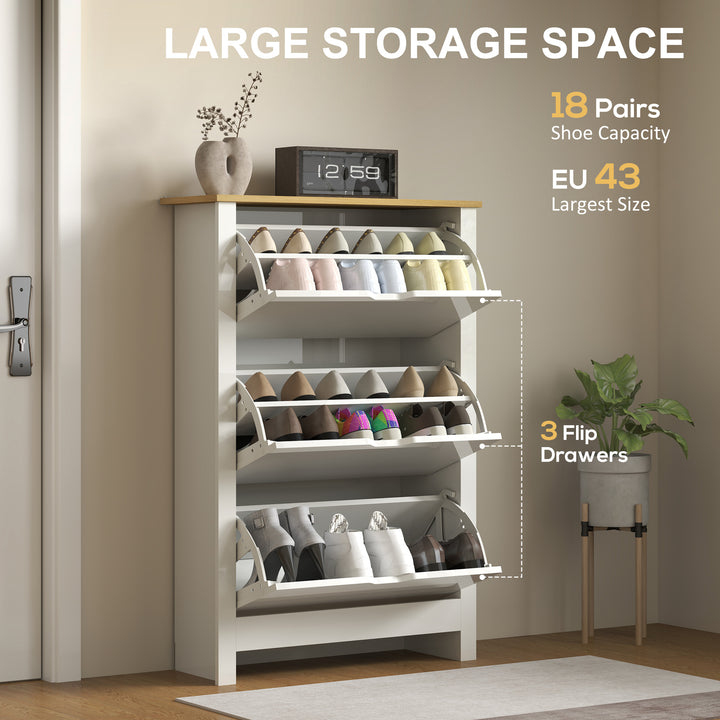 Slim Shoe Cabinet, Narrow Shoe Cupboard with 3 Flip Drawers, Adjustable Shelves for 18 Pairs of Shoes, High Gloss White