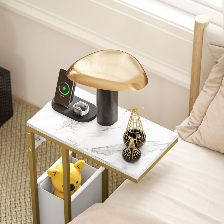 C Shaped Side Table with Charging Station and Faux Marble Top - White
