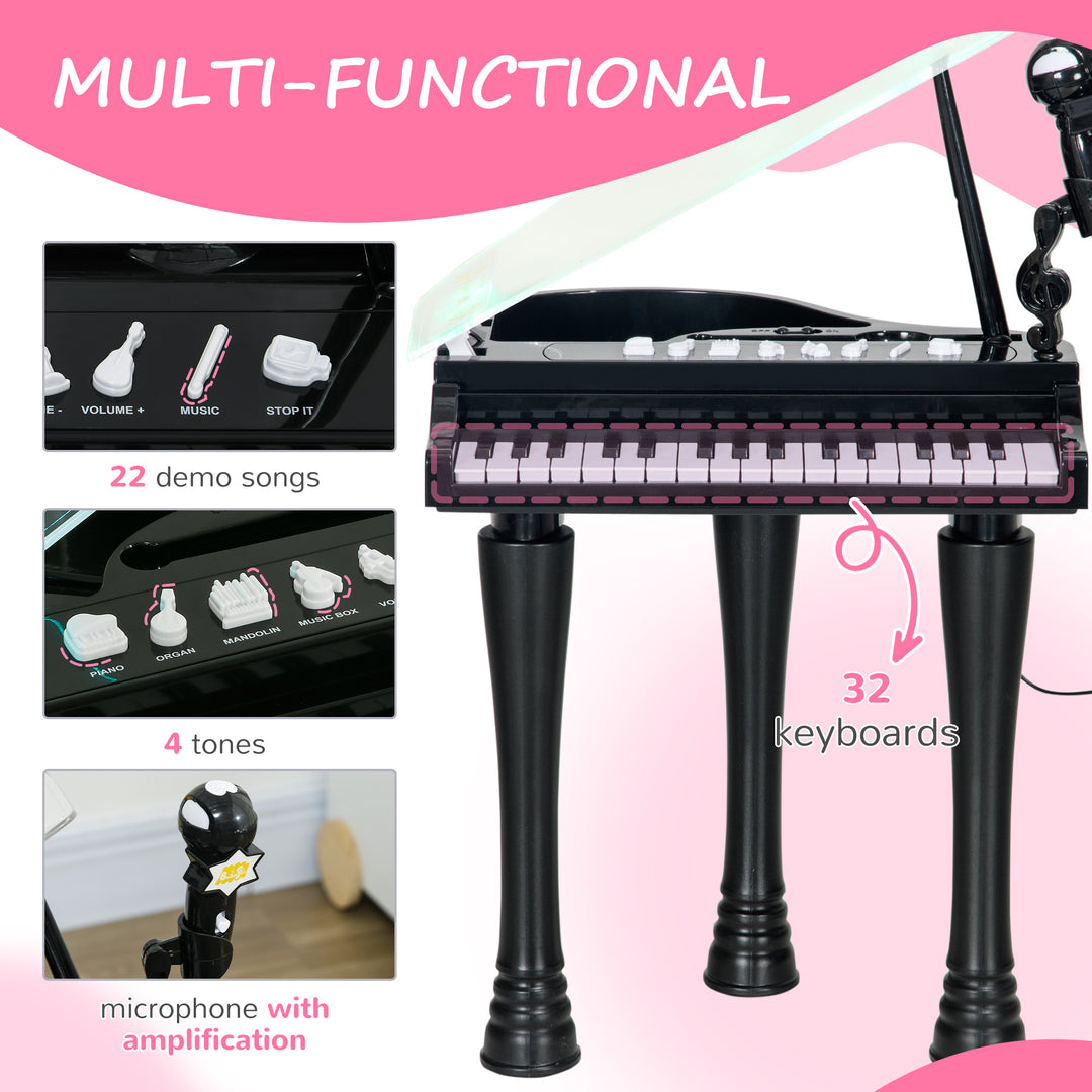 AIYAPLAY Children's 32-Key Piano Keyboard, with Stool, Lights, Microphone, Sounds, for Aspiring Musicians, Black | Aosom UK