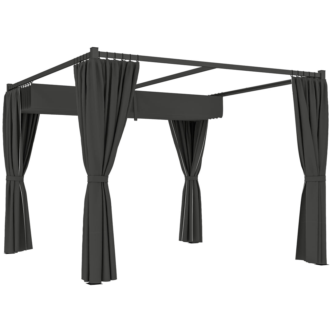 3 x 3(m) Retractable Pergola, Garden Gazebo Shelter with Curtains, for Grill, Patio, Deck, Charcoal Grey