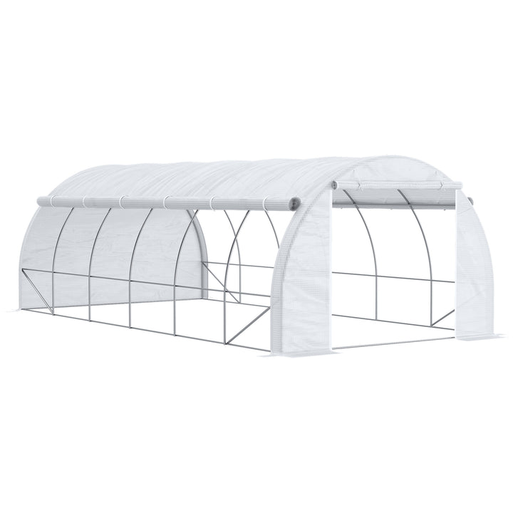 6 x 3 x 2 m Polytunnel Greenhouse with Roll-up Side Walls, Walk-in Grow House Tent with Steel Frame, Reinforced Cover, Zipped Door and 12 Mesh Windows for Garden, White