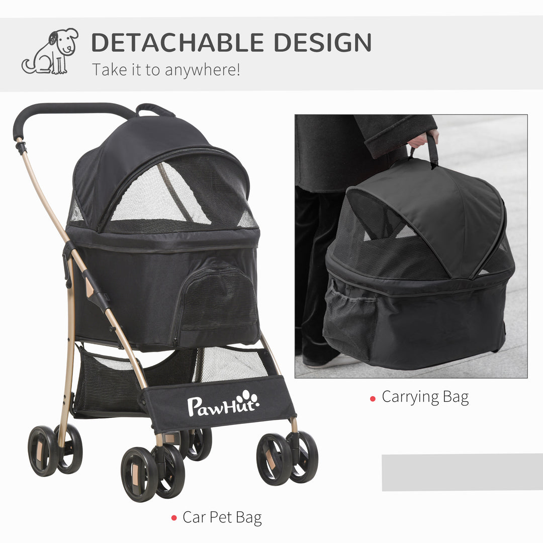 Detachable Pet Stroller with Rain Cover, 3 In 1 Cat Dog Pushchair, Foldable Carrying Bag w/ Universal Wheels, Brake, Canopy, Basket, Storage Bag for Small and Tiny Dogs - Black