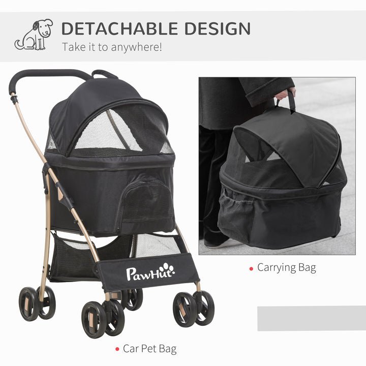 Detachable Pet Stroller with Rain Cover, 3 In 1 Cat Dog Pushchair, Foldable Carrying Bag w/ Universal Wheels, Brake, Canopy, Basket, Storage Bag for Small and Tiny Dogs - Black