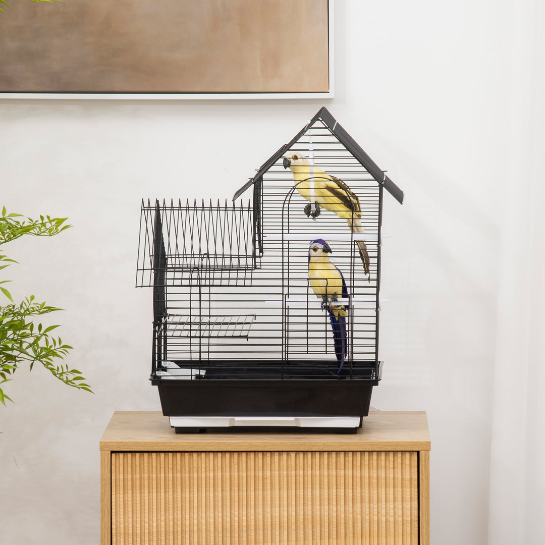 PawHut Metal Bird Cage w/ Stand, Parrot Cockatiel Budgie Finch Canary, Includes Food Containers Swing Ring Tray, Black, 39 x 33 x 47 cm | Aosom UK