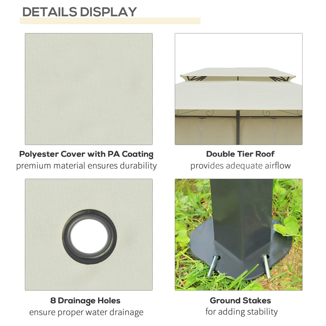4m x 3(m)Garden Gazebo, Double Roof Outdoor Gazebo Canopy Shelter with Curtains, Solid Steel Frame for Lawn and Deck, Beige
