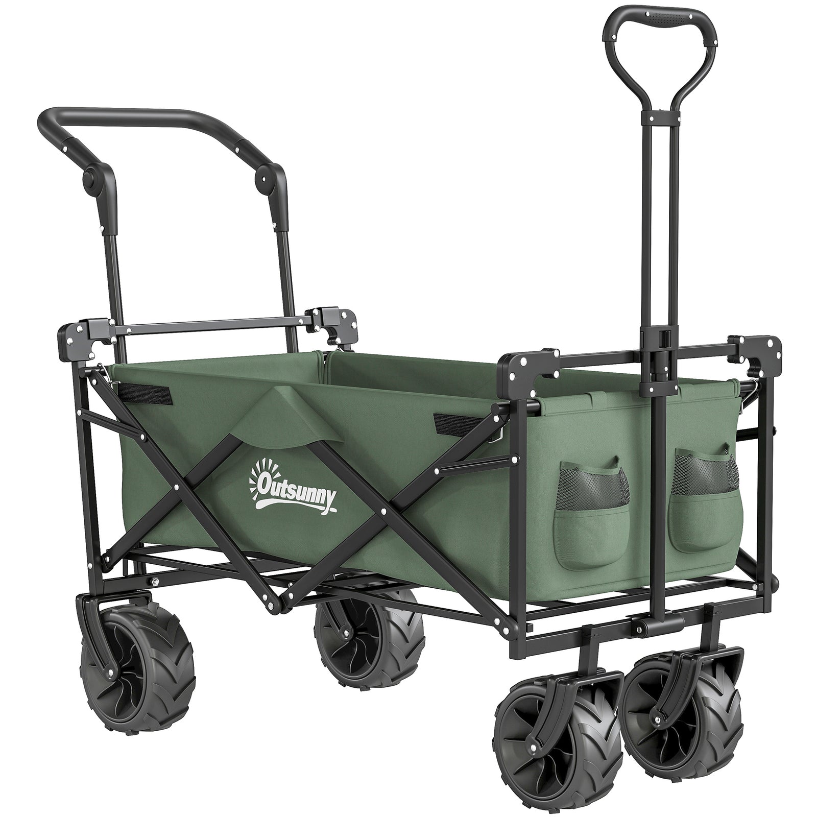 Folding Trolley Cart Storage Wagon Beach Trailer 4 Wheels with Handle Overhead Canopy Cart Push Pull for Camping, Green