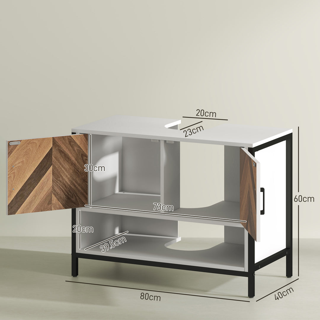Under Sink Bathroom Cabinet, Rustic Under Sink Cabinet with Herringbone Doors and Open Compartment for Basin with or without Pedestal, 80 x 40 x 60cm, Cream White