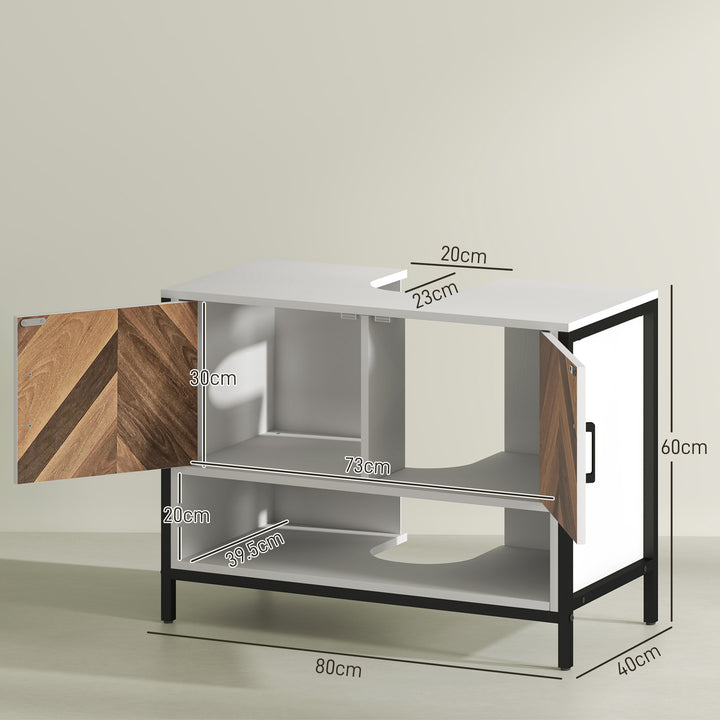 Under Sink Bathroom Cabinet, Rustic Under Sink Cabinet with Herringbone Doors and Open Compartment for Basin with or without Pedestal, 80 x 40 x 60cm, Cream White