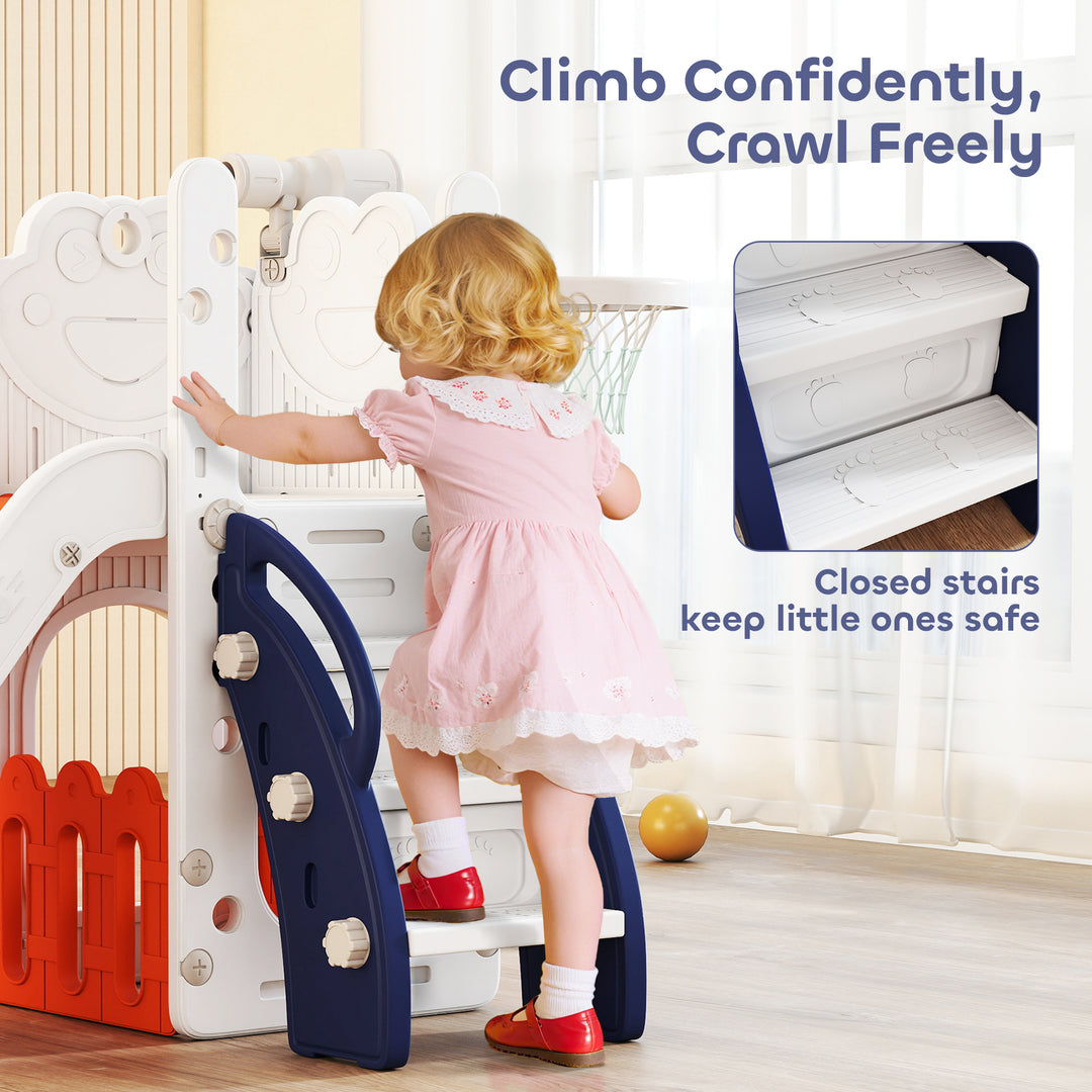 5 in 1 Kids Slide Set with Basketball Hoop, Climbing Frame, Telescope,