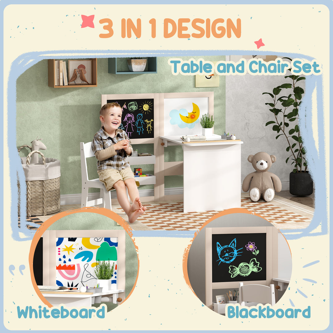 MCL 3 in 1 Kids Table and Chair Set with Storage, Whiteboard, Blackboard & Roll Paper for 3-8 Years, White