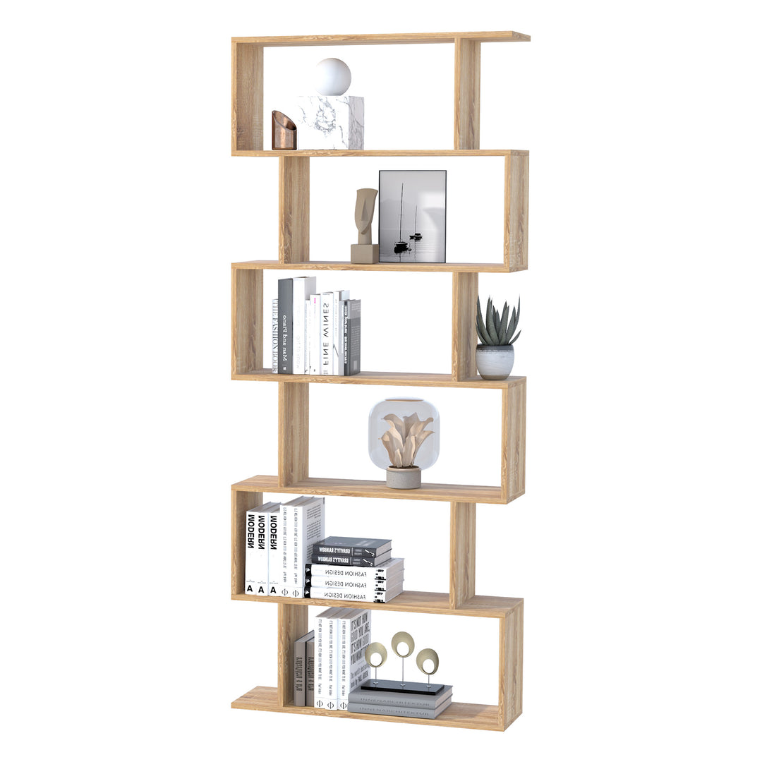 Bookcase, 6 Tier Shelf S Shaped Bookshelf, Storage Unit, Display Shelf for Living Room, Bedroom, Home Office, Plant, Oak