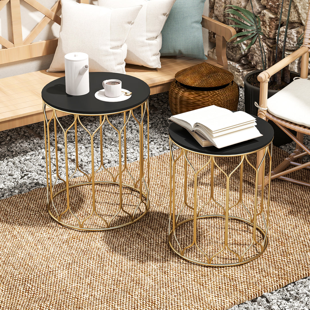 Round Coffee Table Set of 2, Modern Nesting Tables with Ceramic Tile Top, Small End Tables, Indoor Outdoor Side Table with Metal Frame for Living Room, Bedroom, Patio, Balcony, Black