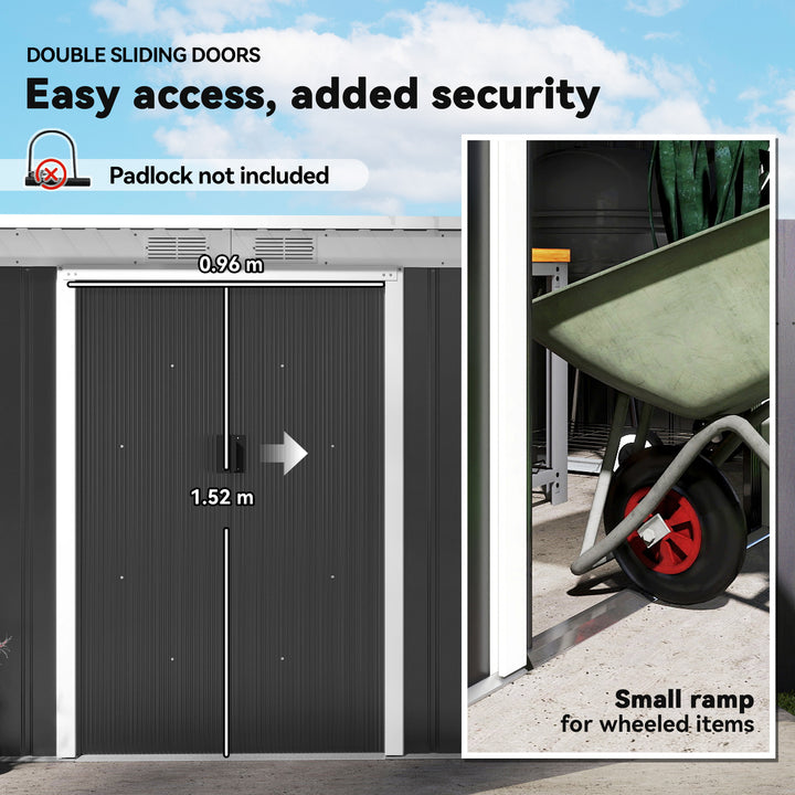 MCL 9ft x 4ft Metal Garden Shed, Outdoor Tool House with Foundation Kit, Ventilations and Double Doors, Dark Grey