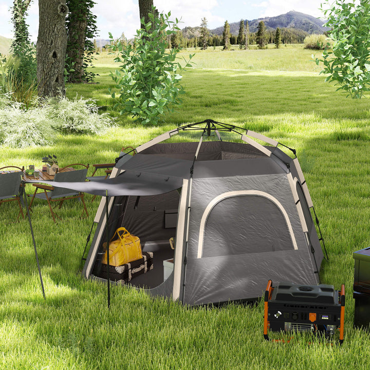 Instant Pop Up Camping Tent, 2/3/4 Person Easy Setup Dome Family Tent with Vestibule, Rainfly, 4 Mesh Windows & 2 Doors, Hexagonal Design, Waterproof & UV Protected, Dark Grey