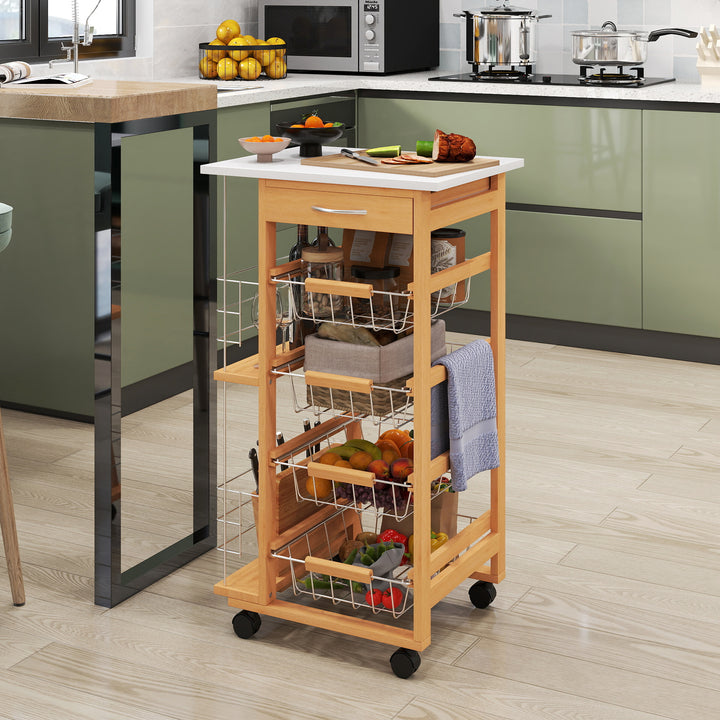 MCL Rolling Kitchen Cart, Utility Storage Cart with 4 Basket Drawers & Side Racks, Wheels for Dining Room, Brown