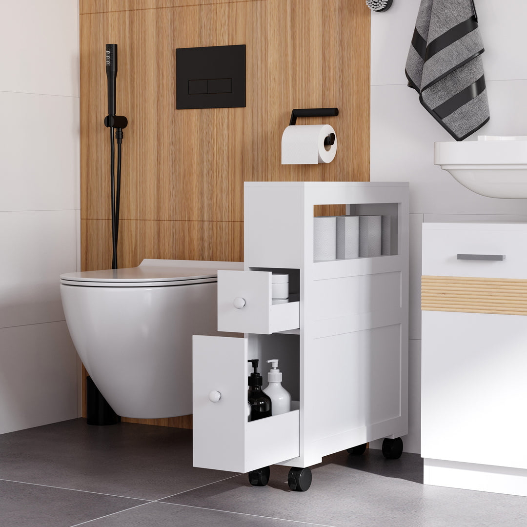 HOMCOM MDF Narrow Rolling Bathroom Side Cabinet White | Aosom UK