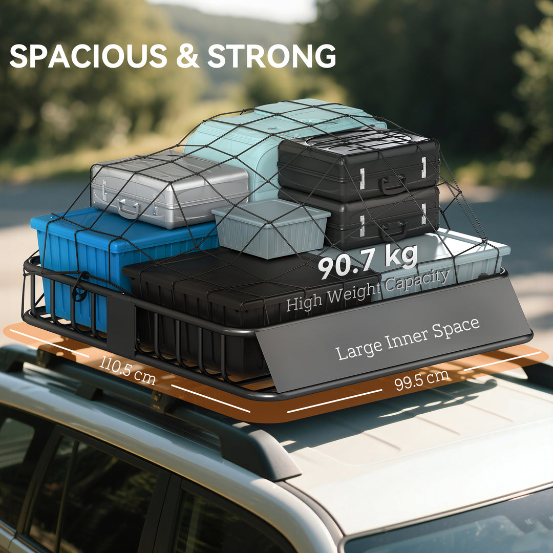 Universal Roof Rack Basket Tray, 90.7 kg Steel Car Rooftop Luggage Cargo Carrier Holder with Wind Fairing, Side Rails for SUVs, Pickups, Sedans, Off-Road Vehicles, 110.5 x 99.5 x 18.5 cm, Black