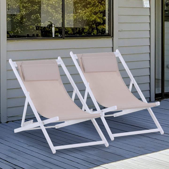 Outsunny Set of 2 Folding Garden Beach Deck Chairs Deckchairs Seaside Folding Garden Patio Lounger, White | Aosom UK