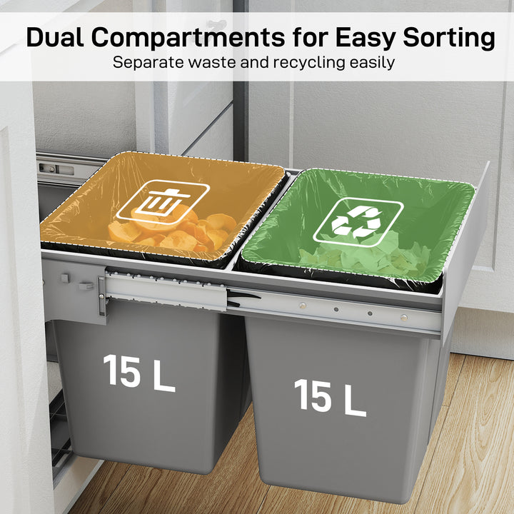 Pull Out Bin, Under Sink Bin - 2 Removable Compartments (15L Each) for 400mm Cabinets
