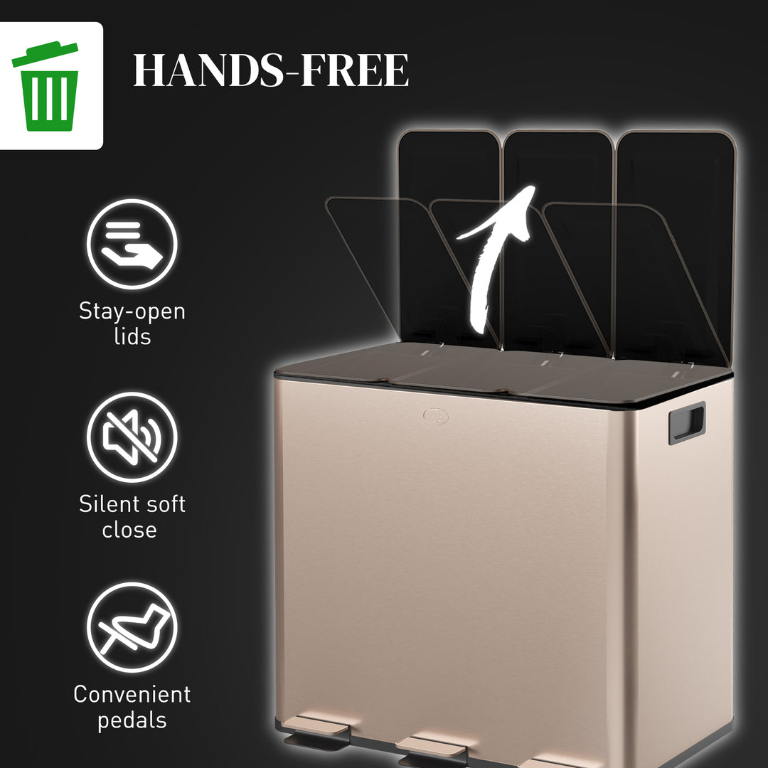 HOMCOM 3 x 15L Pedal Bin, Steel Triple Kitchen Bin with Soft Close Lid, Removable Inner Buckets, Fingerprint-Proof, Gold Tone