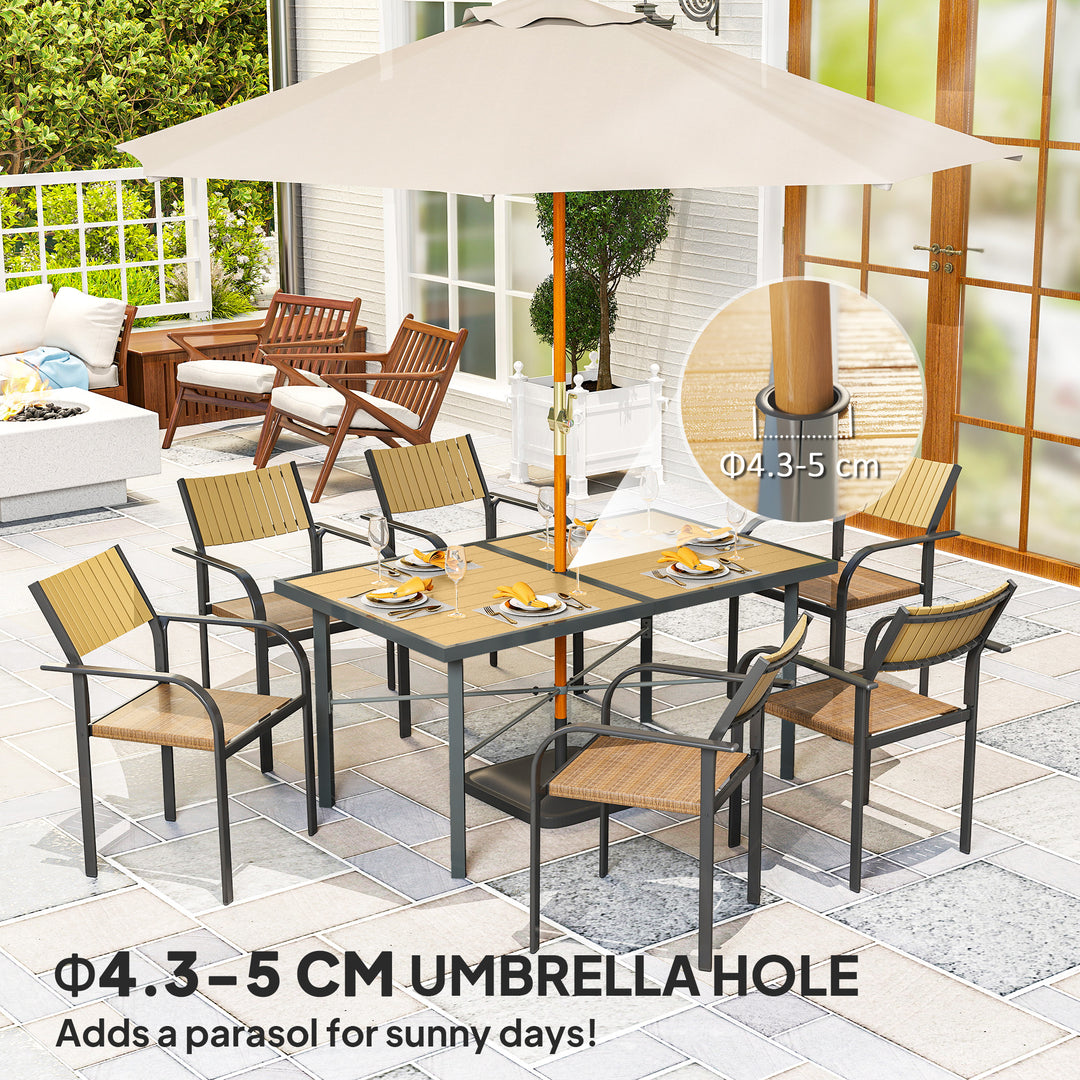 Garden Table for 6, 150 cm Rectangular Outdoor Dining Table with 5 cm Umbrella Hole, Wood Effect Top, Rust Resistant Frame, for Patio, Balcony, Terrace, Natural Wood Finish