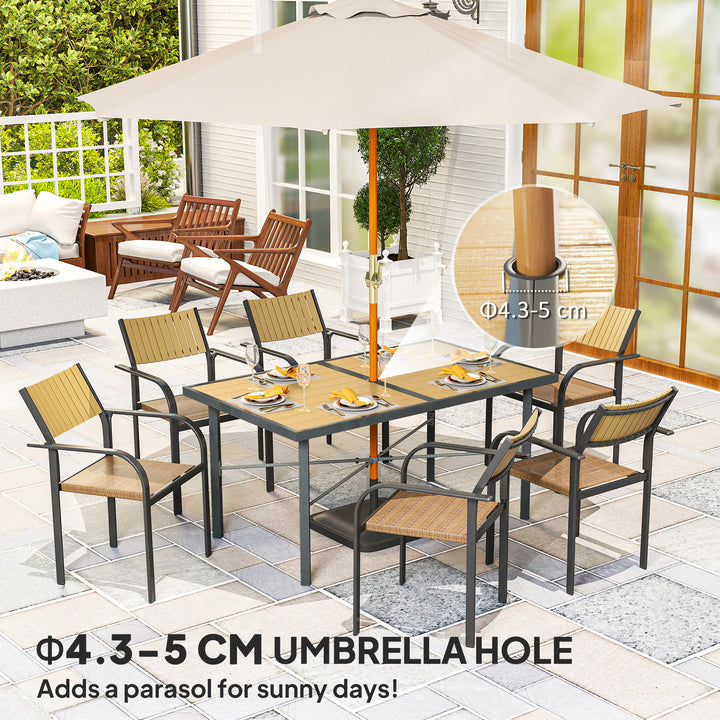 Garden Table for 6, 150 cm Rectangular Outdoor Dining Table with 5 cm Umbrella Hole, Wood Effect Top, Rust Resistant Frame, for Patio, Balcony, Terrace, Natural Wood Finish