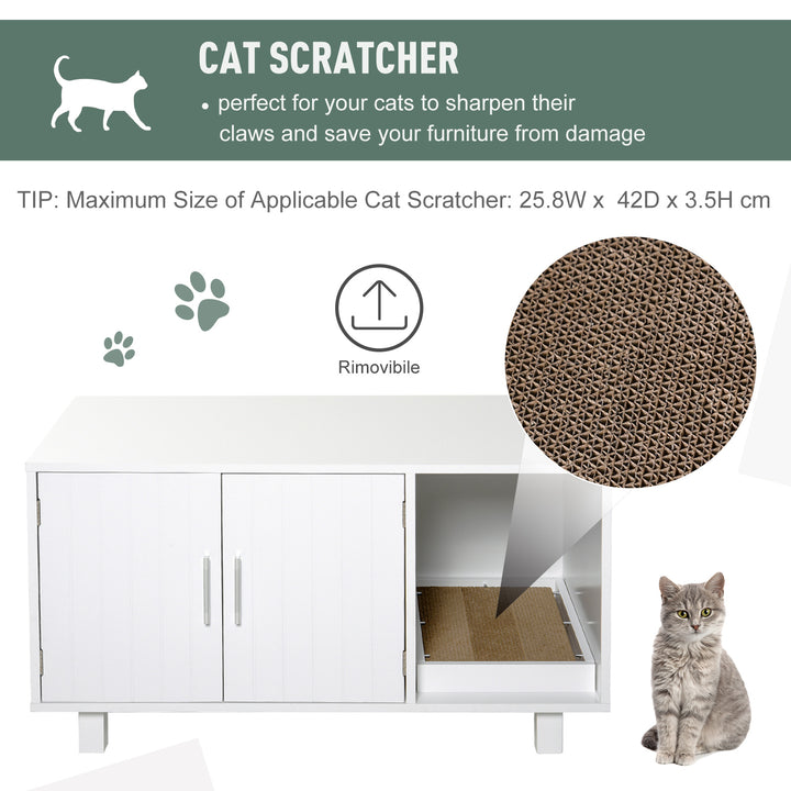 MCL Wooden Cat Litter Box Enclosure & House with Nightstand/End Table Design, Scratcher, & Magnetic Doors, White