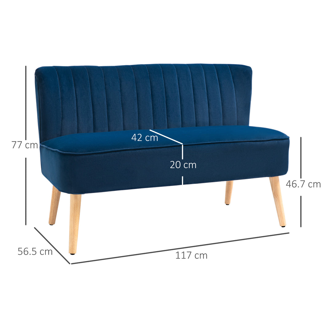 Modern Velvet Double Seat Sofa w/ Wood Frame Foam Padding High Back Soft Comfortable Compact Couch Blue