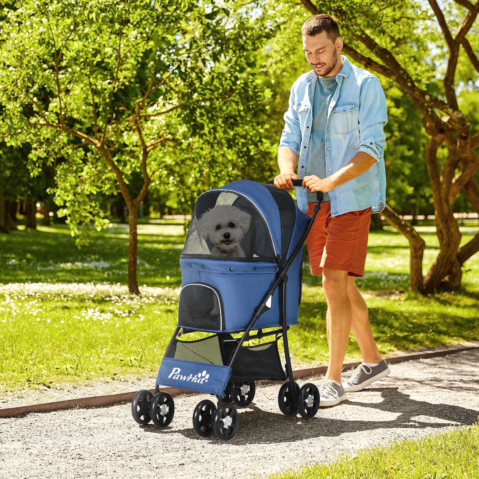 Foldable Pet Stroller for Dogs, Puppy Stroller, with Large Carriage, Brakes, Canopy - Blue