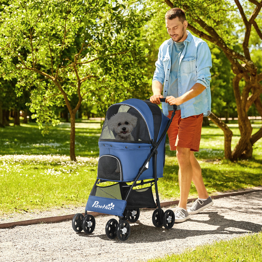 Foldable Pet Stroller for Dogs, Puppy Stroller, with Large Carriage, Brakes, Canopy - Blue