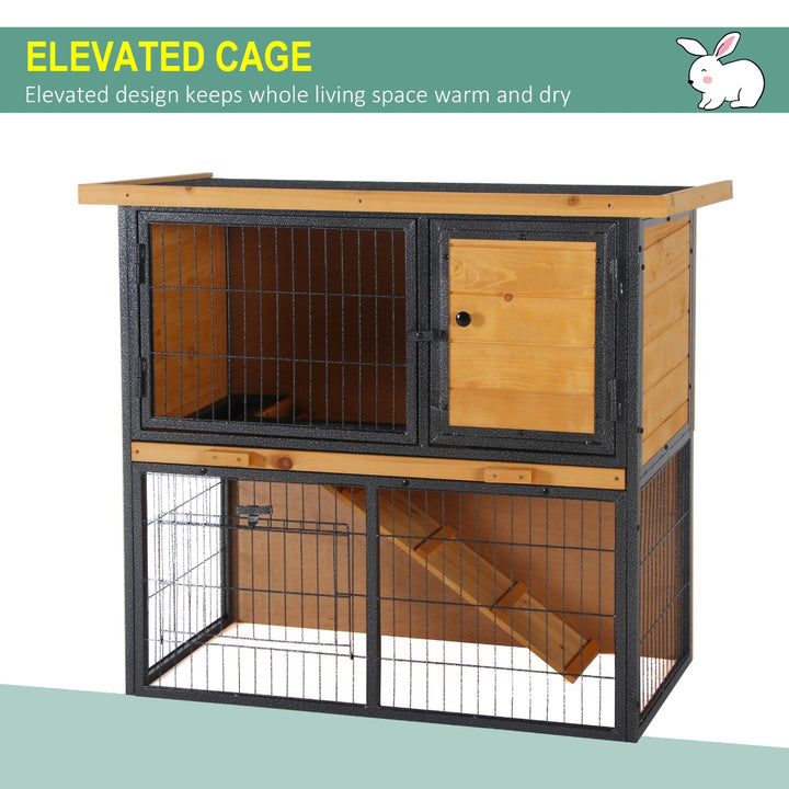 PawHut Wood-metal Guinea Pigs Hutches Elevated Pet House Bunny Cage with Slide-Out Tray Asphalt Openable Roof Lockable Door Outdoor | Aosom UK