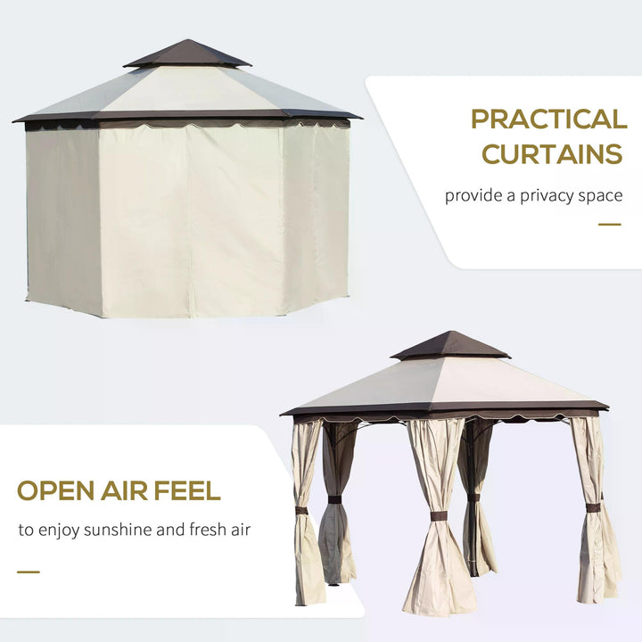 Outsunny 3.4m Steel Gazebo Canopy Party Tent Garden Pavilion Patio Shelter with Curtains & 2 Tier Roof, Beige